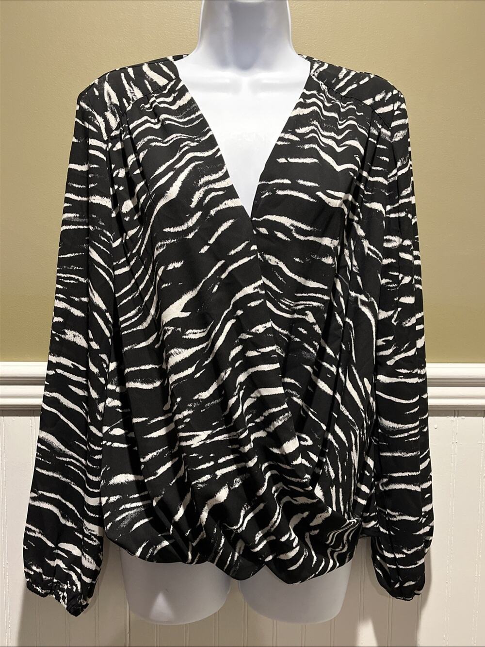 INC International Concepts Surplice Top M Zebra Print Womens Bishop Sleeve NWT